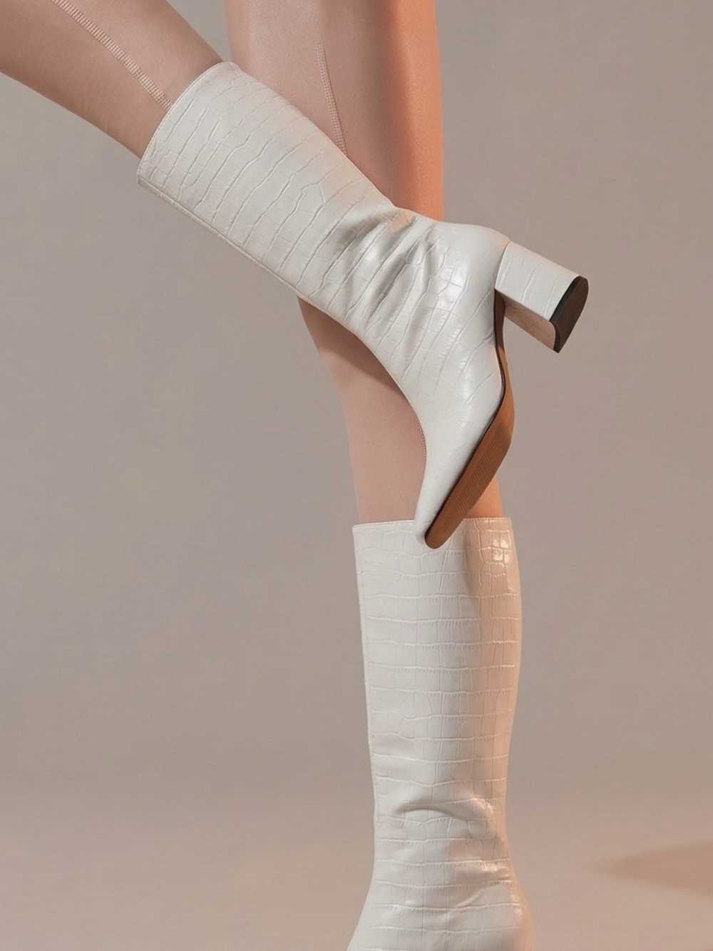 Topshop Leather White Croc-Embossed Mid-Calf Heeled Boots